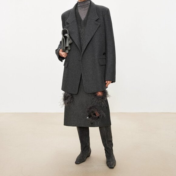 CHICJOC Ostrich Feather Embellished Wool Midi Skirt Luxury Handcrafted Appliqué - Picture 9 of 14